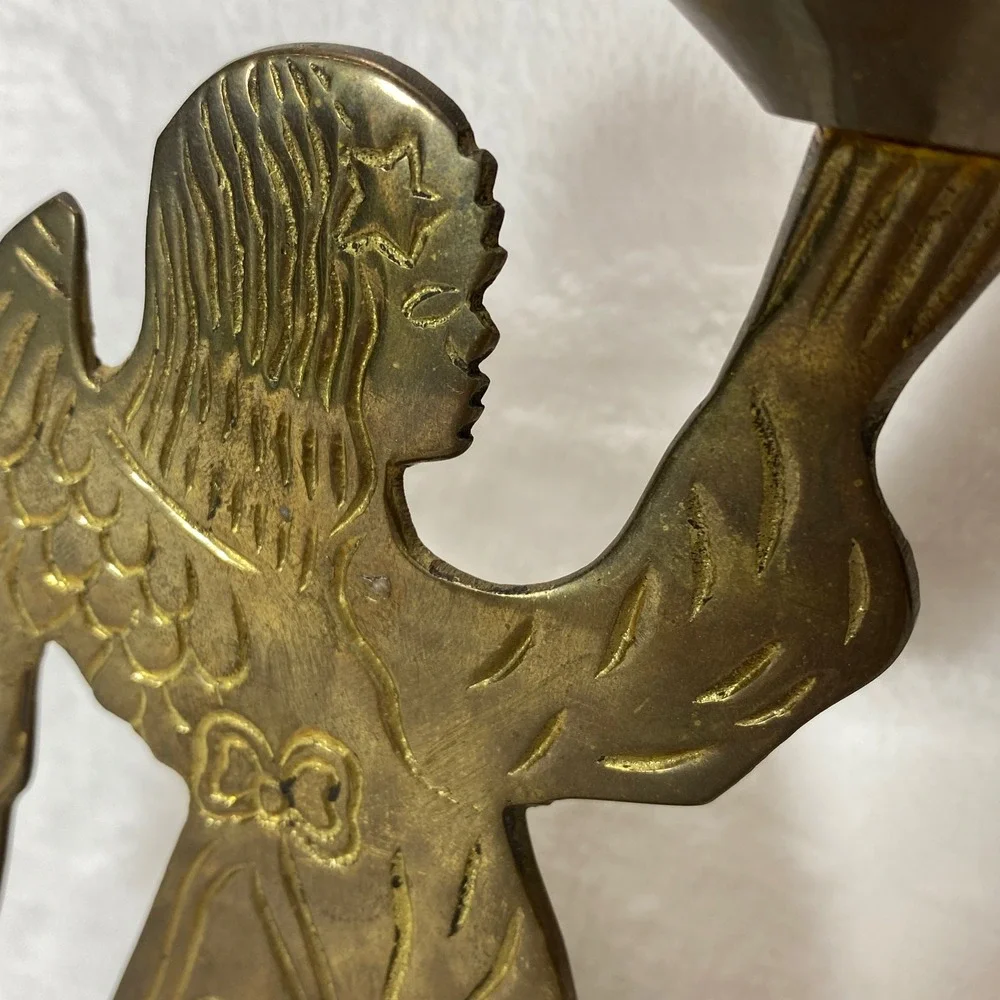 Vintage Brass Angel Candlestick Holder Religious Christmas‎ Holiday Decor